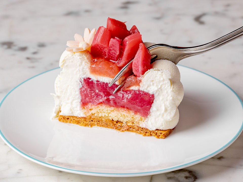 Cross section of pink rhubarb cake with daisies and cloud-like yogurt mousse