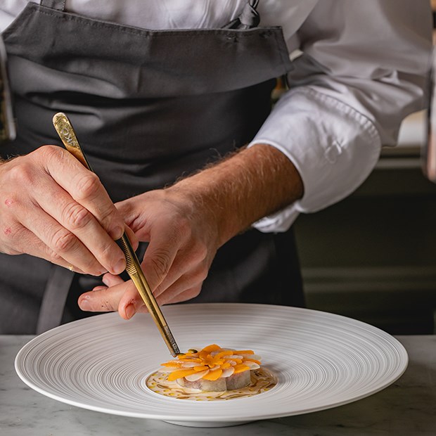 A chef using tweezers to place the final garnish details on a delicious and creative dish.