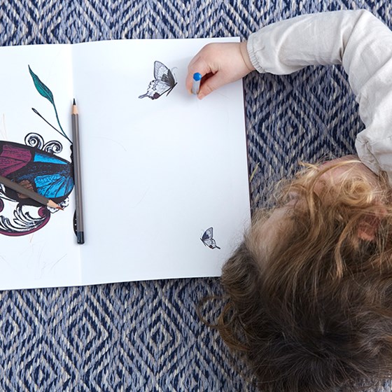 A child drawing a butterfly in a book