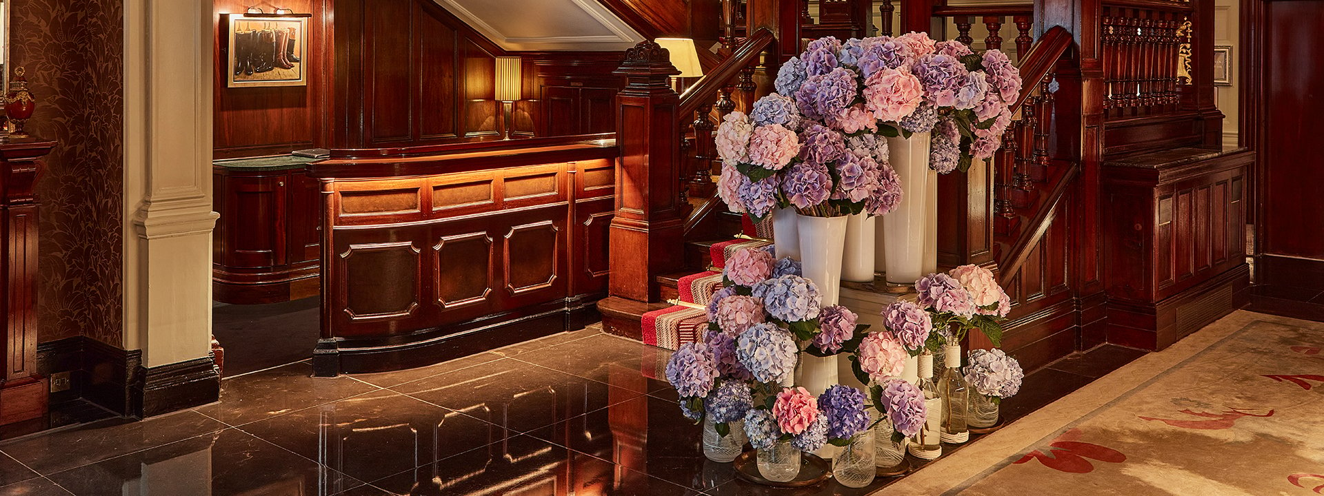 A display of magnificent flower arrangements at The Connaught, created by the award-winning florist Moyses Stevens.