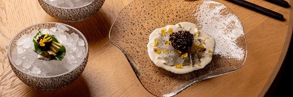Close-up of an elegant caviar and cream-based seafood dish artfully arranged on a speckled glass plate, flanked by ice-filled bowls with garnished oysters.