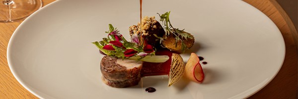 Gourmet plate of meat roulade with red wine jus, charred onion, radish, microgreens, and edible flowers, elegantly presented on a white plate.
