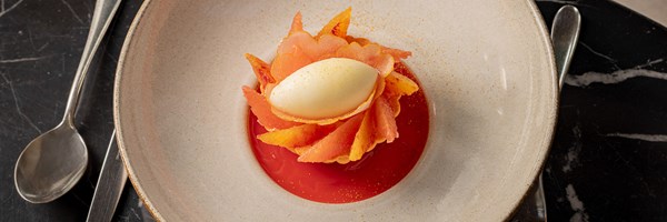 A vibrant dessert of blood orange segments and sorbet in a red citrus syrup, artfully plated.
