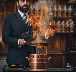 A dish set on fire by a man at The Connaught Grill