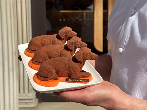 A chef holds a white platter with three chocolate desserts shaped like dachshunds, each on orange bases, outside The Connaught.