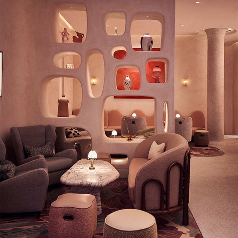 Soft creams, blush pinks and pearl blues form a soothing palette that can be seen in the modern interior of the Red Room.