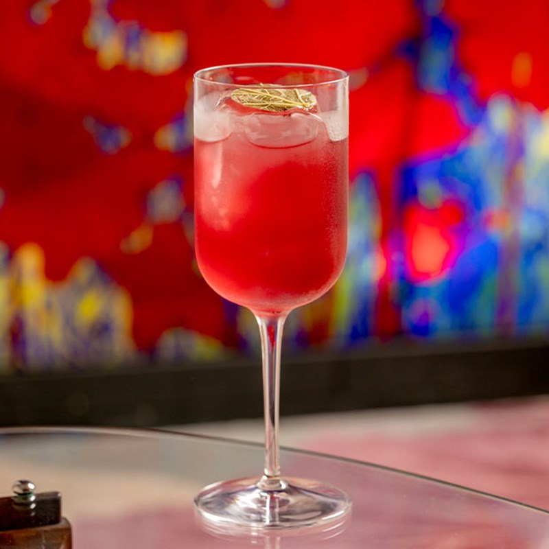 Red cocktail in a glass with a stem.