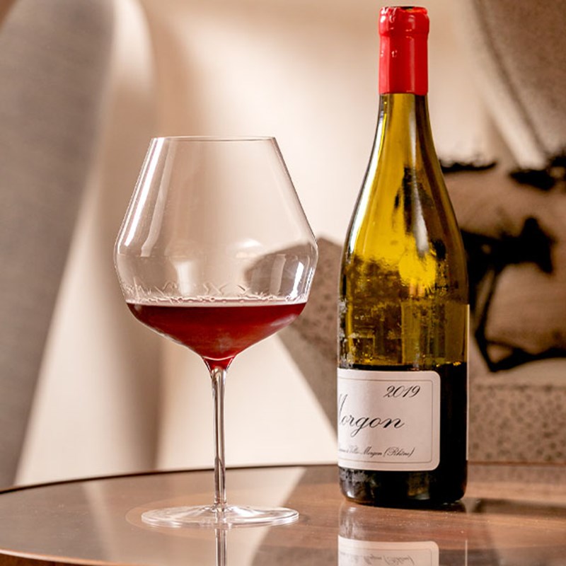 Glass of red wine with the bottle placed behind.