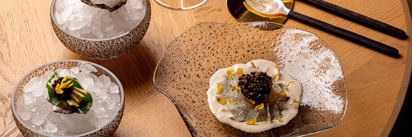 Elegant plated dish of caviar and thinly sliced seafood in cream, accompanied by oysters on ice and decorative utensils on a light wood table.