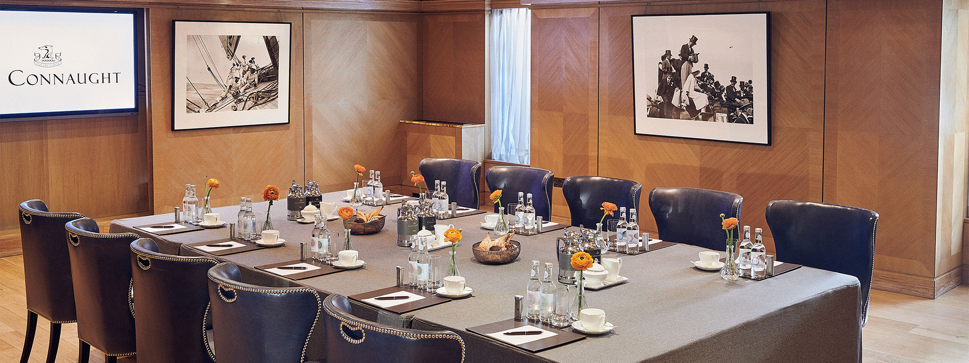 View of the Maple Room dining table set at The Connaught, for all required ceremonies.