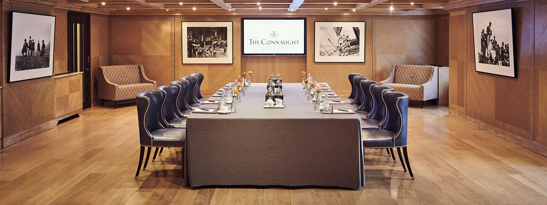 A view of the dining table set and the spaciousness in the Maple Room at The Connaught, for all necessary ceremonies.