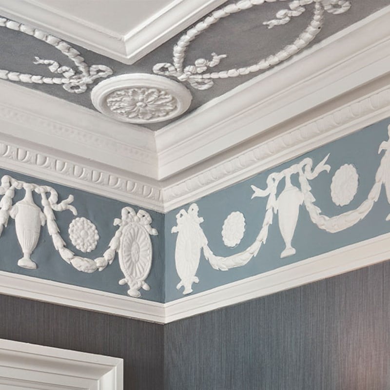 Coburg Suite ceiling detail, with 3D white ornate detail on blue.