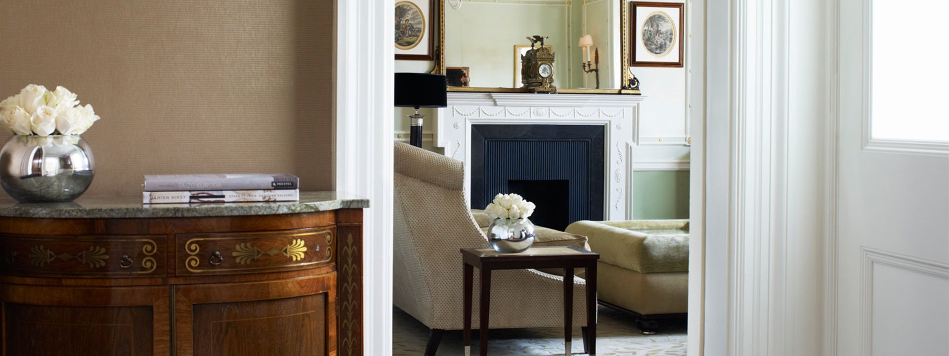 View of details and rooms from The Connaught suite, and the original ornate fireplace.