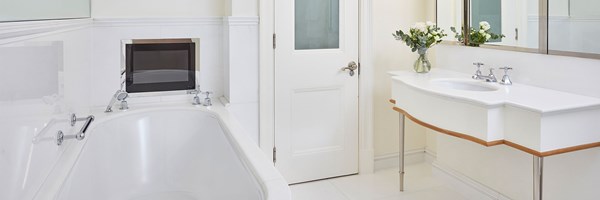 view of bathroom with bath, sink, TV and flowers