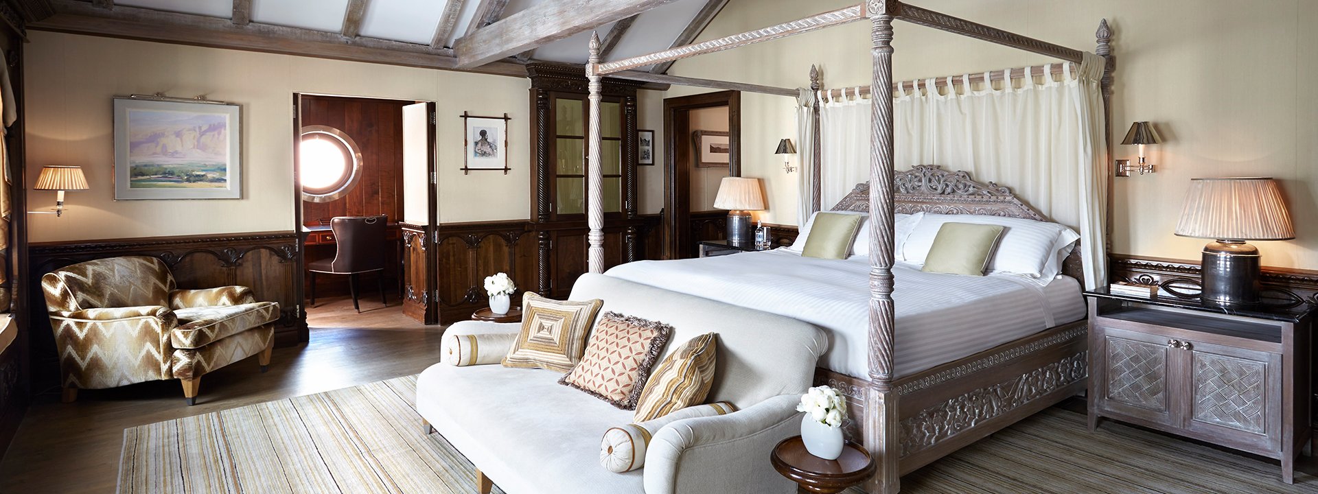 A four poster King Bed in the prince's lodge suite.