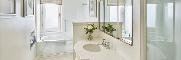 bath, sinks and a vase of flowers