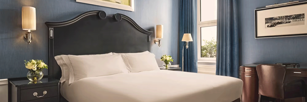 Bright Superior Room with a dark wood bed, blue walls and curtains, bedside flowers and a desk by the window