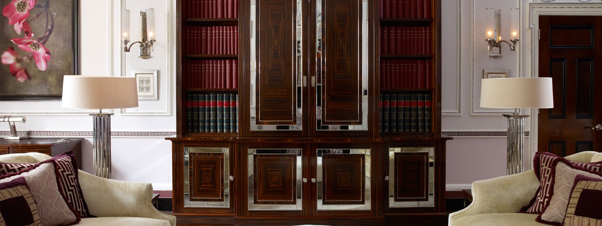 A view of the English stately home-style of the Sutherland Suite, and the cabinet in the spacious living room.